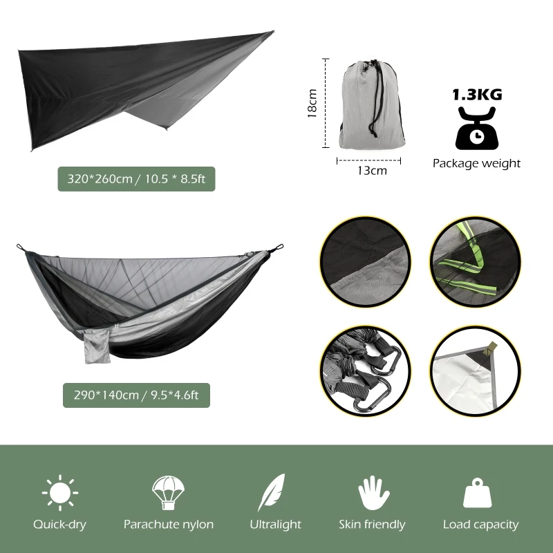 Ultralight Portable Camping Hammock and Tent Awning 3.2M Large Coating Rain Fly Tarp Waterproof Mosquito Net Hammock Canopy Sets