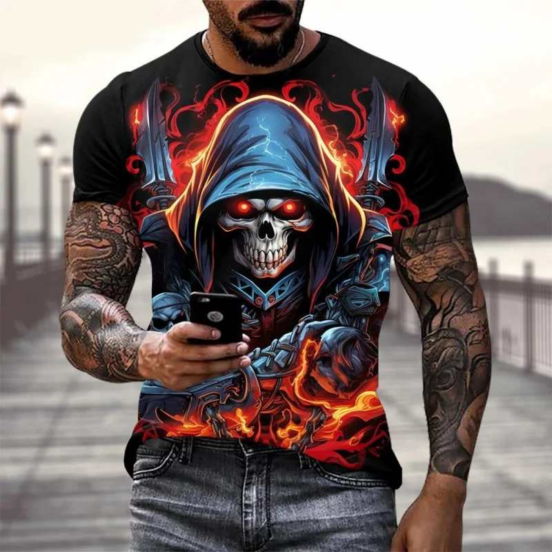 

3D Skull Printed Men's Short Sleeve T-shirt Trend Street Tee Summer Daliy Casual Crew Neck T Shirts Y2k Tops Fashion Men Clothes