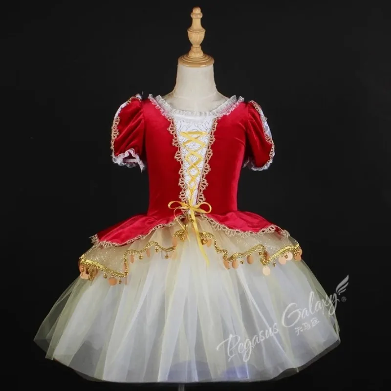 Vestido tutu de balé retrô vermelho, vestido de sino com design de palco, roupa de dança, gola de renda, manga bufante, vestido de princesa para meninas e mulheres
