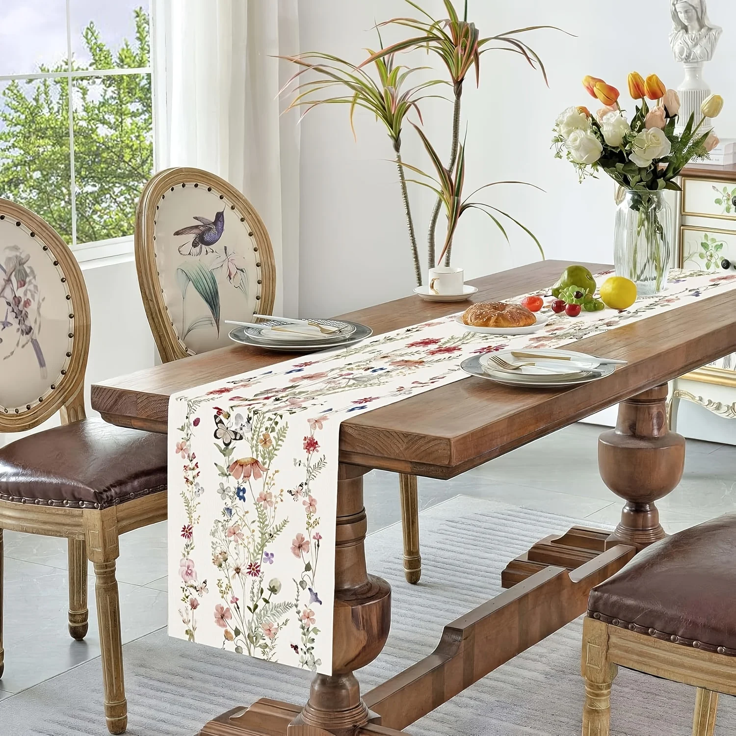 VIKAMA Spring Floral Watercolor Wildflowers Butterflies Table Runner Kitchen & Dining Room Decor Party Holiday Decor