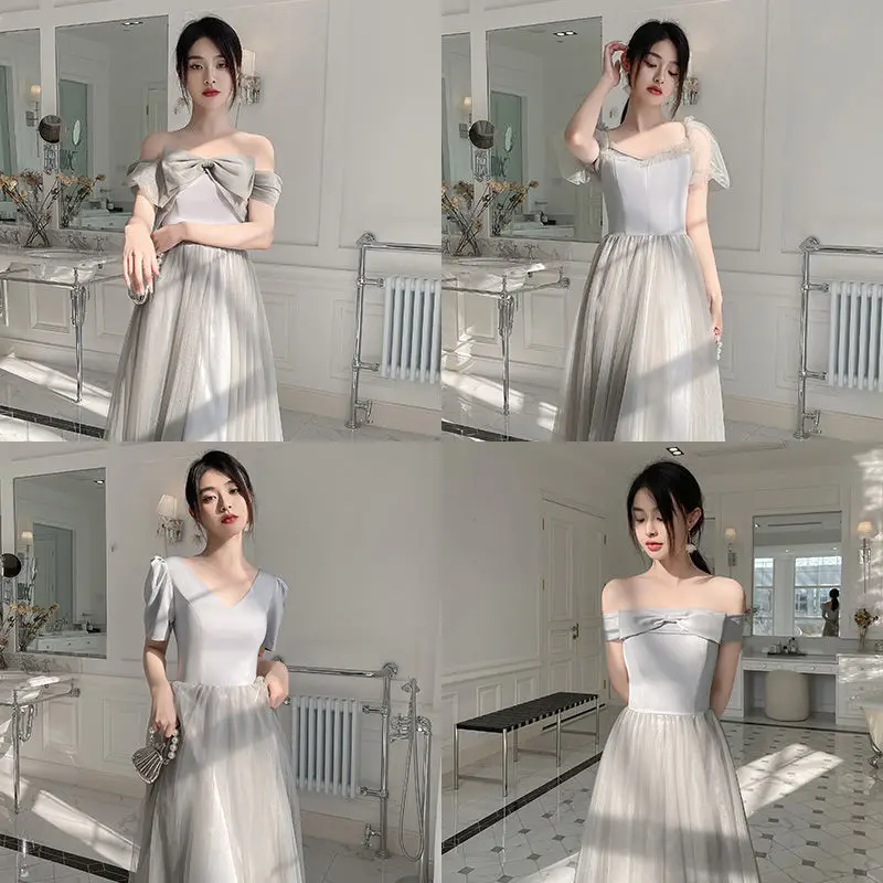 Summer Bridesmaid Grey Long A-line Tulle Prom Dresses Floor-length Beach Wedding Guest Party Gowns