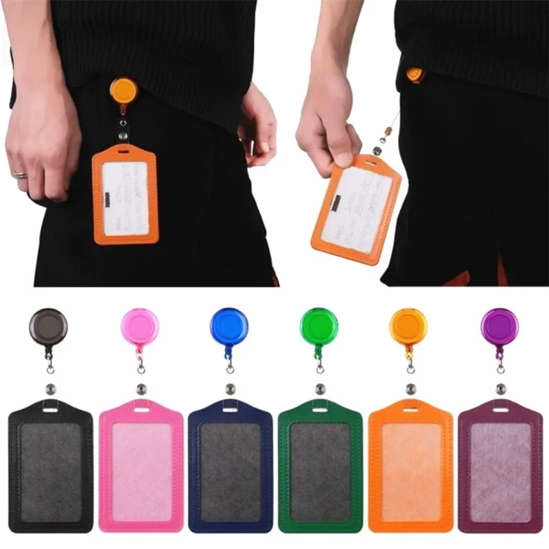 1pc Multi-Color Pu Leather ID Badge Name Card Holder with Retractable ID Badge Reel Key Keychain Holders