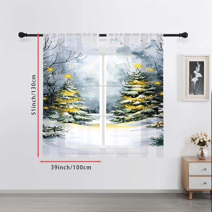 2PCS Sheer Curtains Watercolor Christmas Tree Light Snow Print, Window Voile Panels for Bedroom Living Room Xmas Home Decor view 2