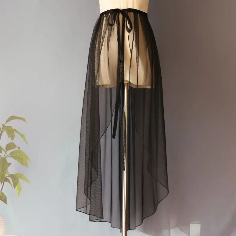 Lolita Shiny Star Court Style Lace Overlay Half Skirt  Transparent Mesh Cover up Belted mid Waist H Shape Skirt