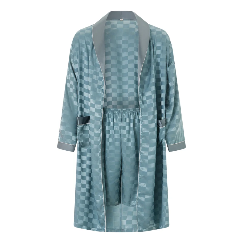 Men s Lightweight Plaid Jacquard Kimono Robe and Shorts Set for Summer Loungewear with Belt - Soft Pajama Outfit for Spa