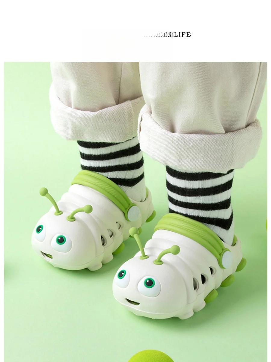 かわいい漫画の毛虫柄シューズ、子供用通気性ソフトボトムevaホームスリッパ、ユニセックスサマー滑り止めフットウェア