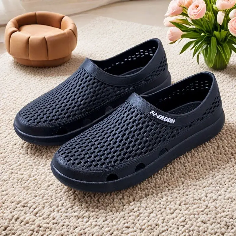 Men's Summer Outdoor Wearable Sandals Soft Bottom Anti-Slip Odor Resistant Beach Shoes PVC Fiber Upper Flat Heel Waterproof