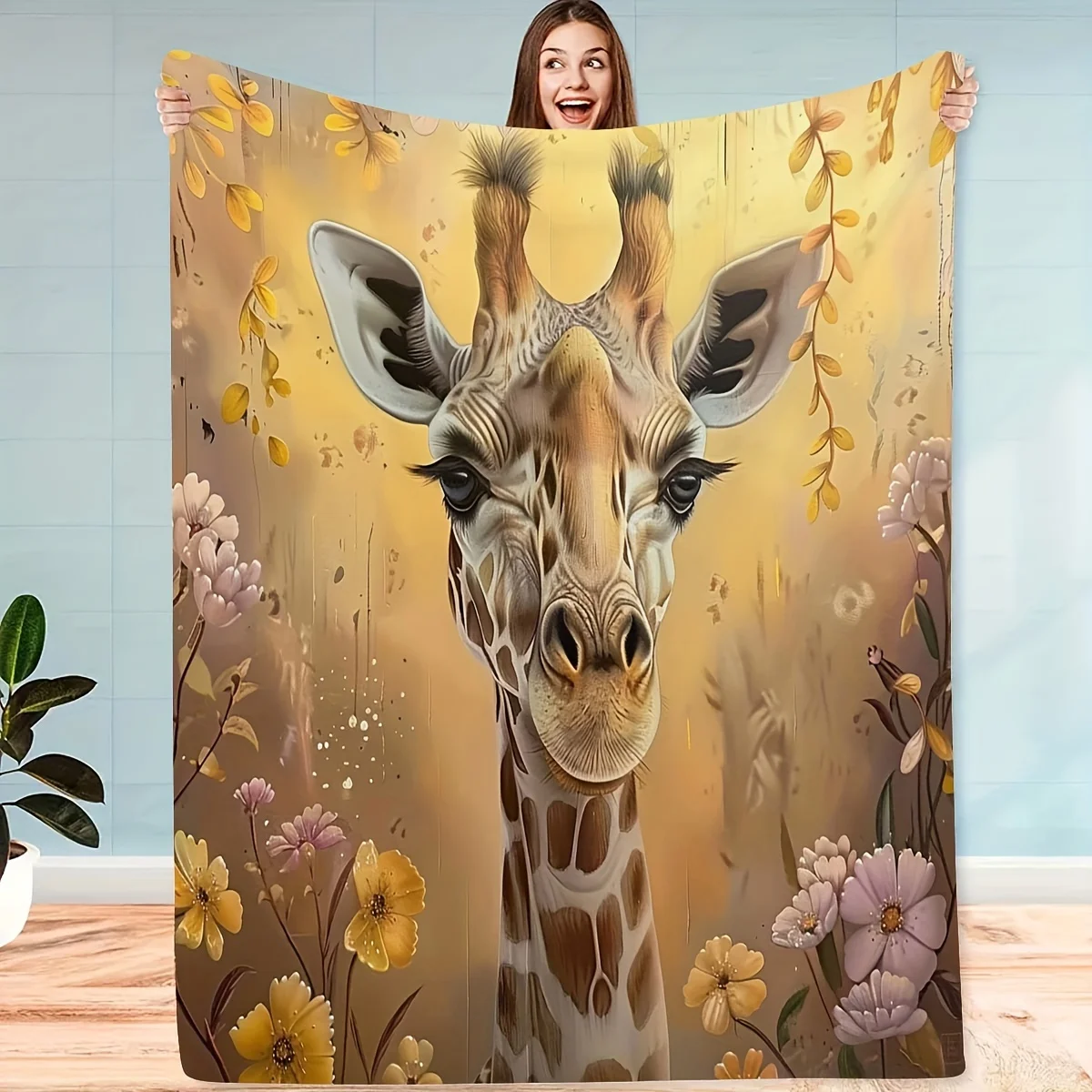 Contemporary Giraffe with Flowers Print Flannel Throw Blanket Machine Washable, Digital Printing, Tear Resistant, Multipurpose