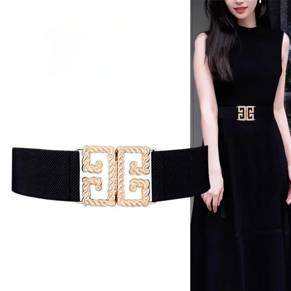 Fashionable Women's Gold Buckle Waistband Dress Decorative Black Elastic Belt