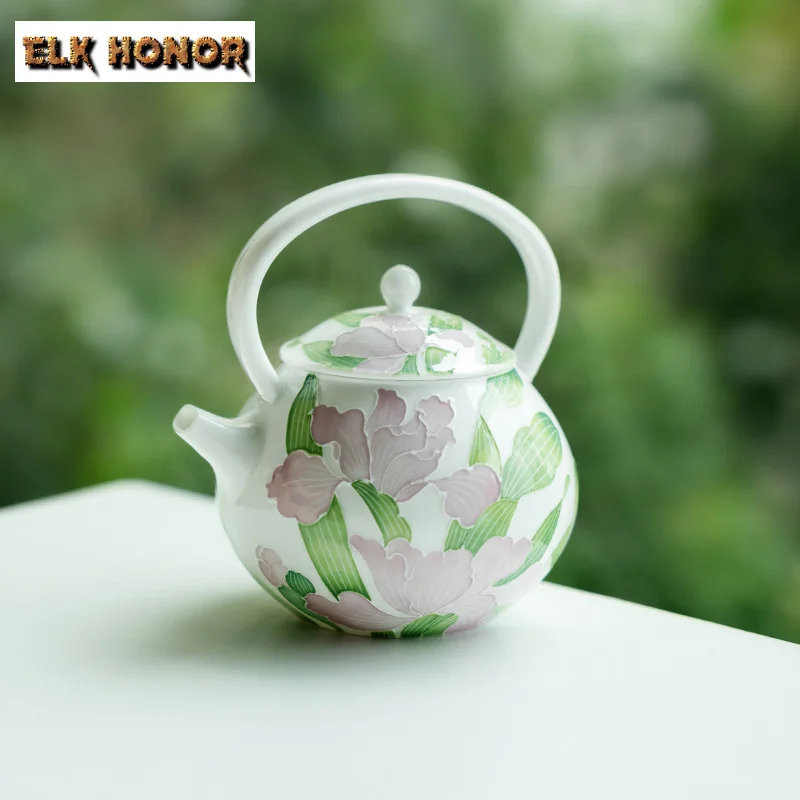 130ml Hand Drawn Lily Flower Loop-handled Teapot Handmade Pile Engrave Pot Zen Tea Making Ball Hole Filter Kettle Teaware Gifts