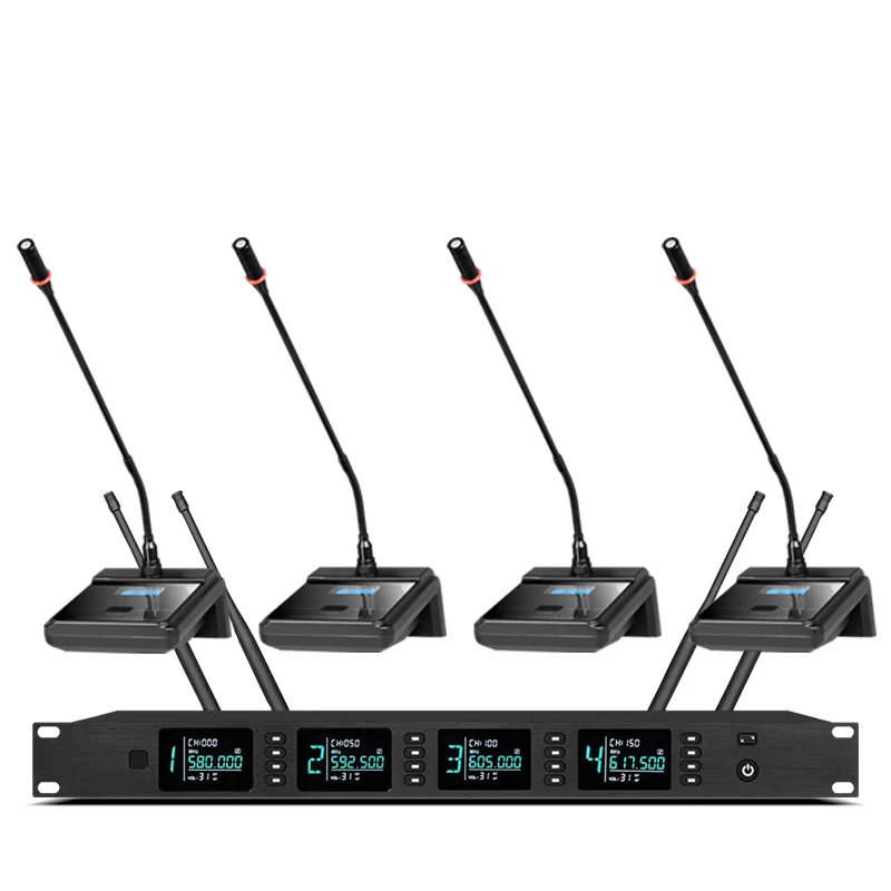 ميكروفون لاسلكي احترافي UHF مزود بـ 4 قنوات للمؤتمرات اللاسلكية معقوفة لغرف الاجتماعات والعروض التقديمية