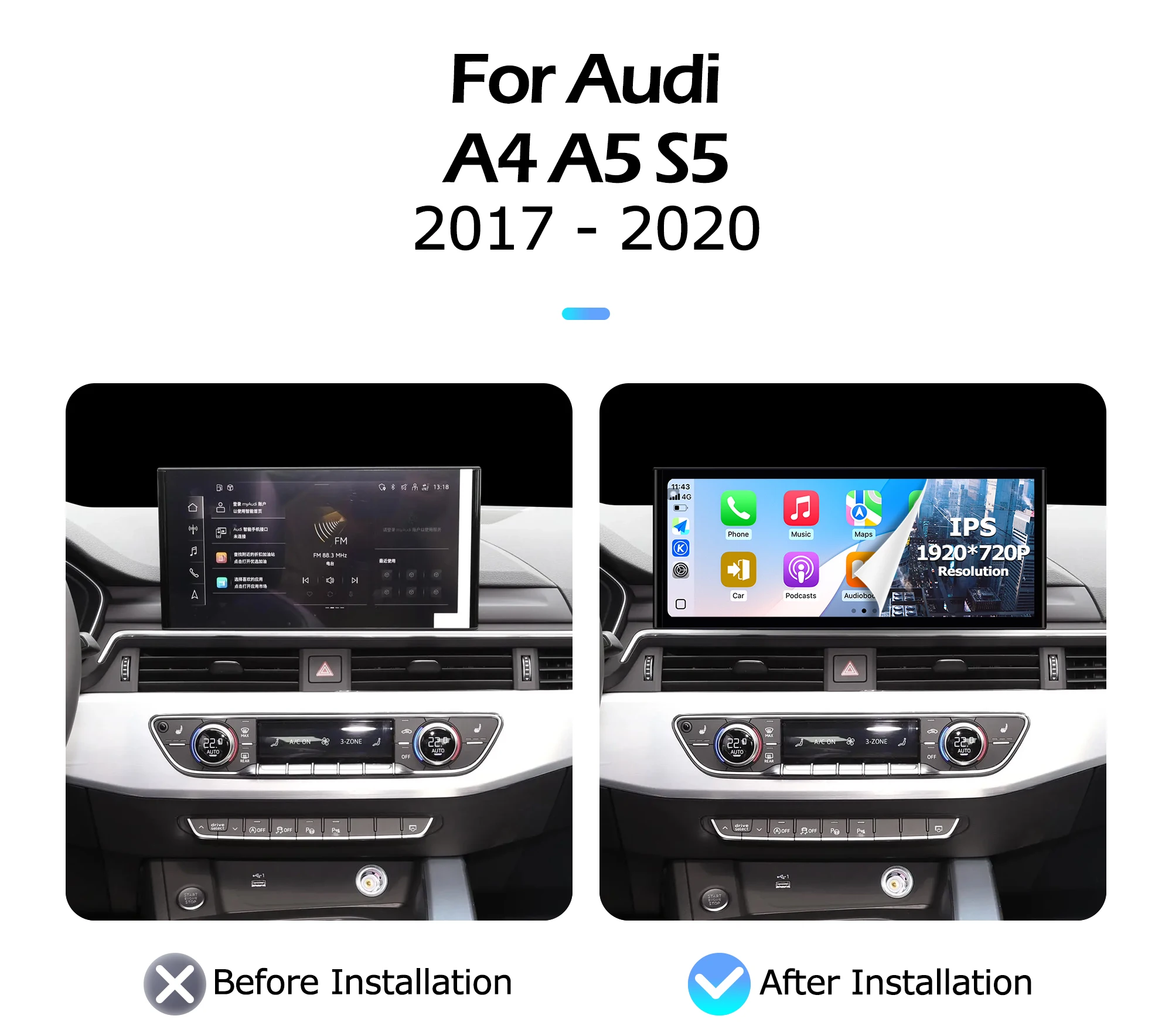 Carplay 1920*720P Android 15 12.3 inch For Audi A4 A5 S5 2017-2020 Lntelligent Multimedia Touch Screen GPS WIFI 4G Bluetooth
