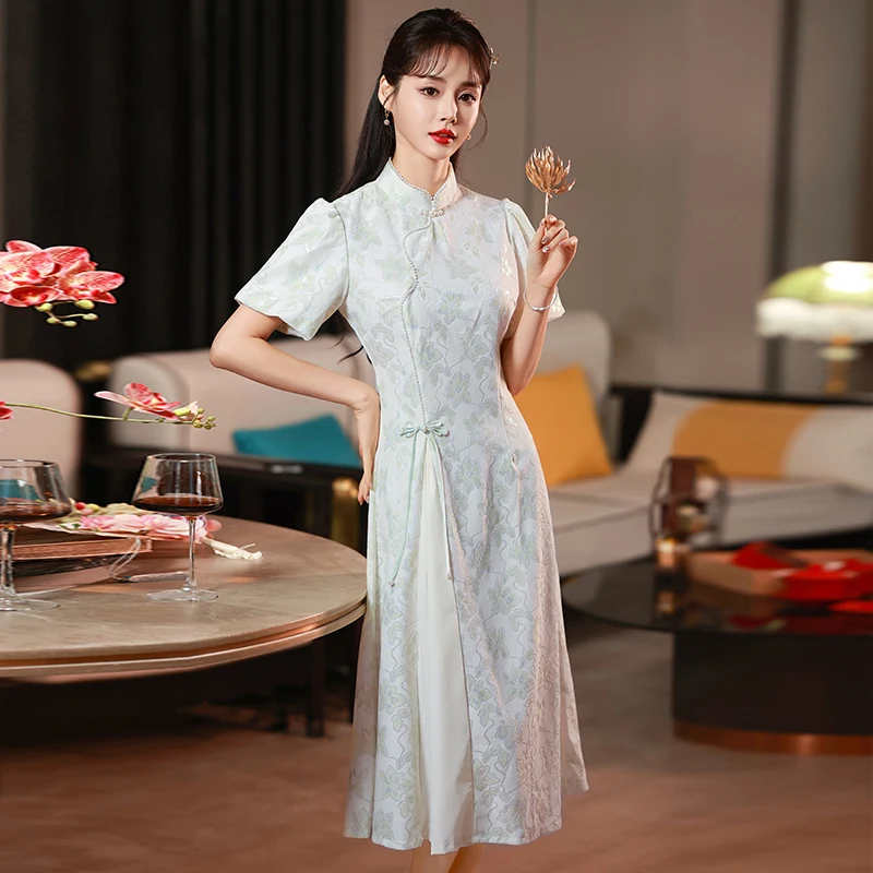 2024 Summer Modern Improved Green Cheongsam Chinese Style Short Sleeve Qipao Evening Dress Women Casual Clothing New Year CNY