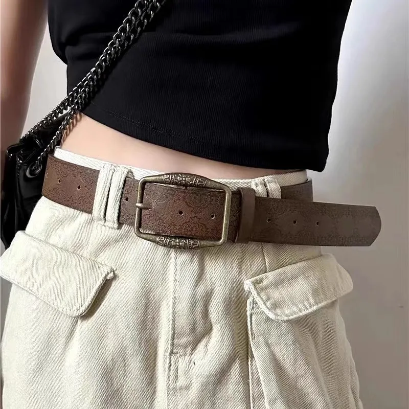 1pc Brown Floral Embossed Belt Vintage American Y2K Hip Hop Style Distressed Denim Accessory Casual Ethnic Artisan Leather Belts