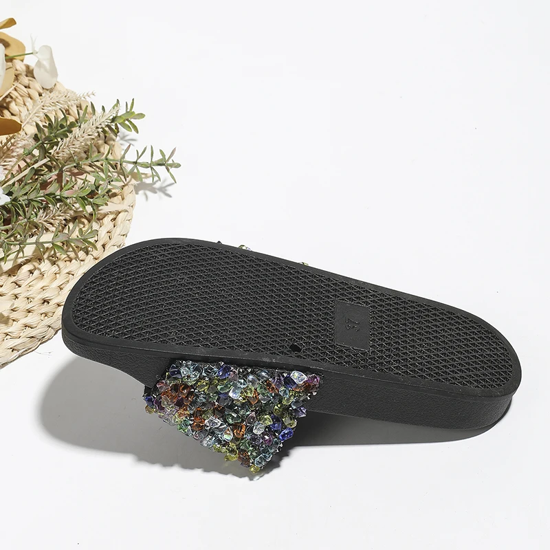 Flat Beach Shoes Niche Design Sequined Simple Flat Slippers Casual Crystal Slides Female Shoes