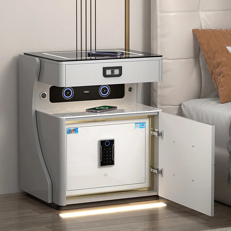 طاولة بجانب السرير الذكية ذات الموضة الجديدة، صندوق أمان بسيط متكامل، شحن لاسلكي، طاولة بجانب السرير الذكية