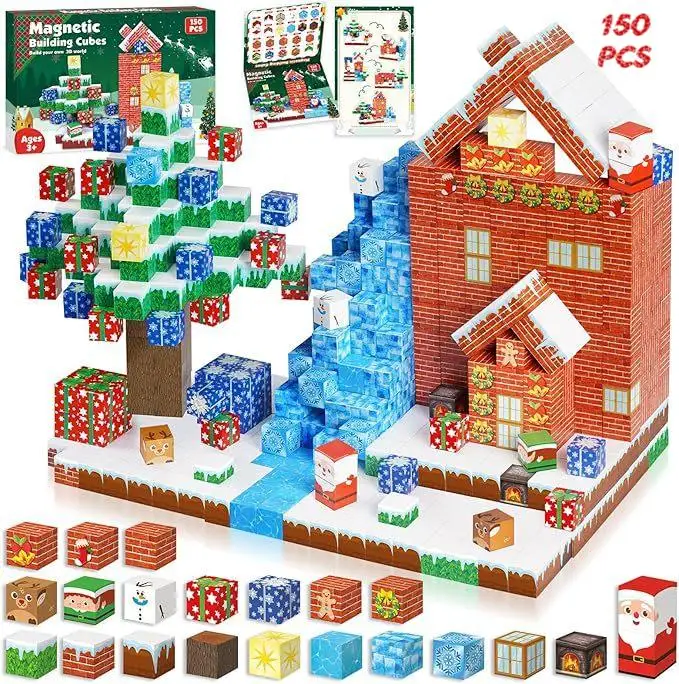 Bloques de construcción magnéticos serie navideña STEM sensorial Montessori cubos apilables juguetes para edades de 3 años en adelante regalos para niños y niñas