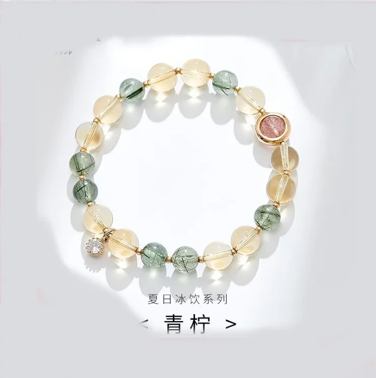 

Natural topaz bracelet female crystal beads 14K gold encased green hair crystal strawberry crystal hand string career stone