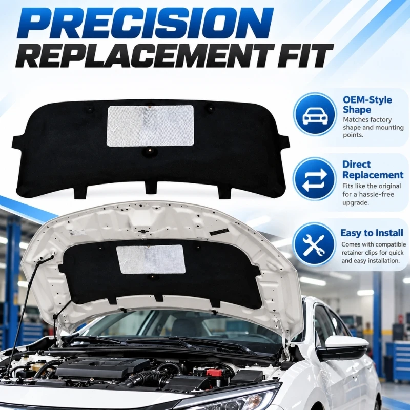 Hood Insulation Liner Replacement with a Molded Pad, Multiple Mounting Openings, Supplied Clips, and a Localized Aluminum D7YA