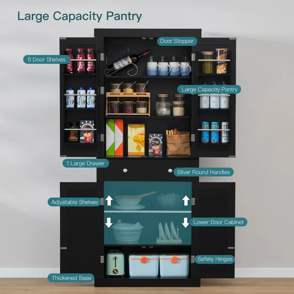 72” Kitchen Pantry Cabinet, Tall Storage Cabinet with 4 Doors and 1 Drawer, Freestanding Cupboard with 6 Hanging Shelves