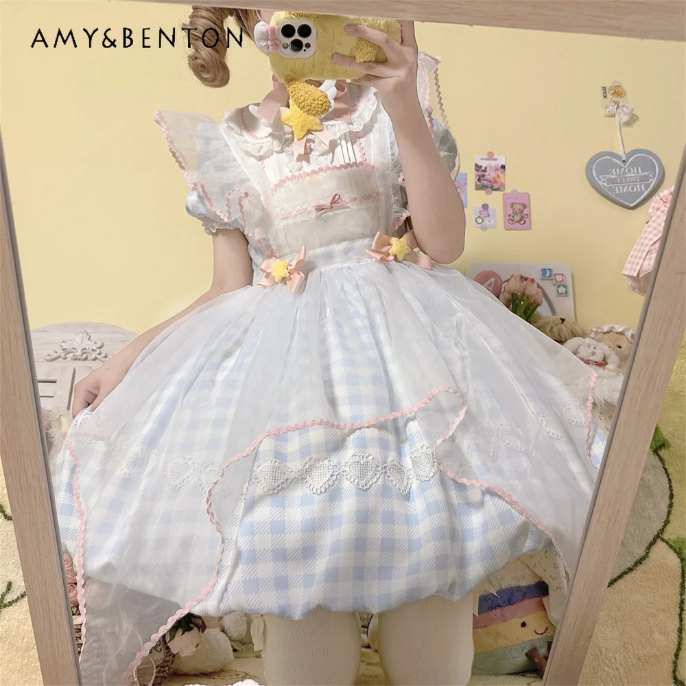 Cute Lolita Girl Doll Collar Manica a sbuffo Vita alta Slim Plaid Tutu Dress Sweet Kawaii Festa di compleanno per abiti da sera da donna