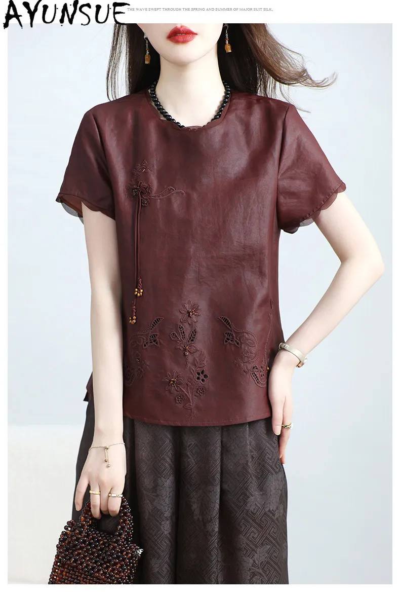 AYUNSUE 100% Real Mulberry Silk T Shirt Women Vintage Embroidered Womens Tops Xiangyunsha Shirt Woman Clothes 2026 Ropa De Mujer