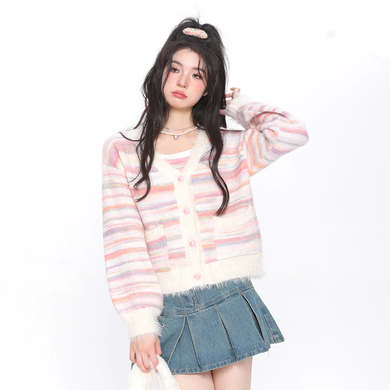 Sweet Lazy Wind Rainbow Cardigan Women Autumn V Neck Striped Knitted Coat Fashion Loose Long Sleeve Elegant Lady Sweaters