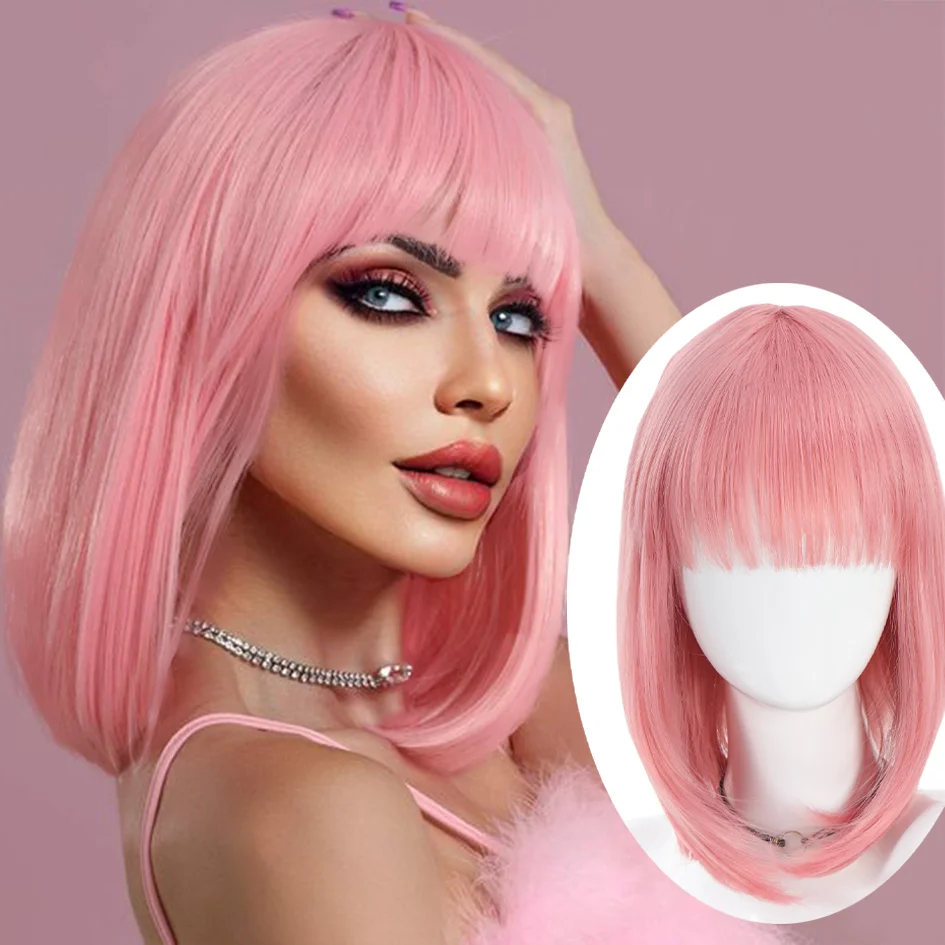 

Synthetic 12inch Short Pink Wigs for Women, Barbie Pink Bob Hair Wig with Bangs,Colored wig Daily Party Cosplay Christmas gifts