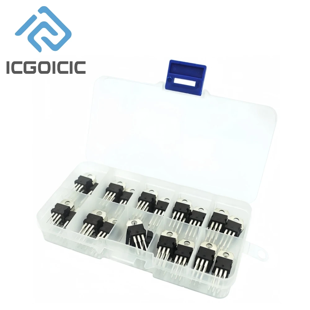 50pcs Linear Voltage Regulator Assortment Kit – 10 Types L7805/7806/7808/7809/7810/7812/7815/7818/7824/LM317 in TO-220 Package