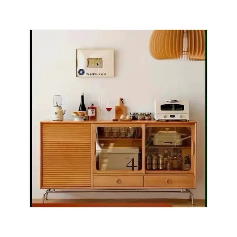 01A L lt خزانة جانبية بسيطة من الخشب الصلب خزانة صغيرة متوسطة قديمة تخزين خزانة المطبخ باب منزلق خزانة الشاي الإبداعية #2