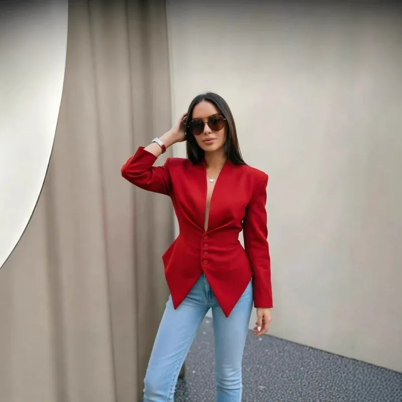European American Style Women Wear Commuting Slimming Asymmetrical Small Suit Women's Lace-up Waist-cinching V-neck Suit Jacket