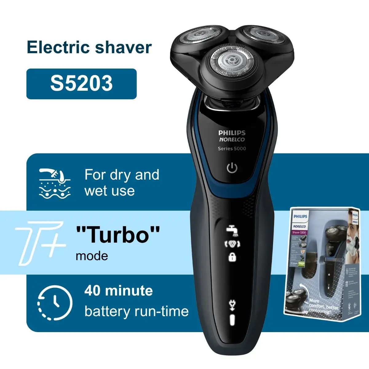 

Philips Norelco Razor Shaver series 5000 S5203, Wet & Dry, No original packaging, Quick Charge, MultiPrecision Blade System