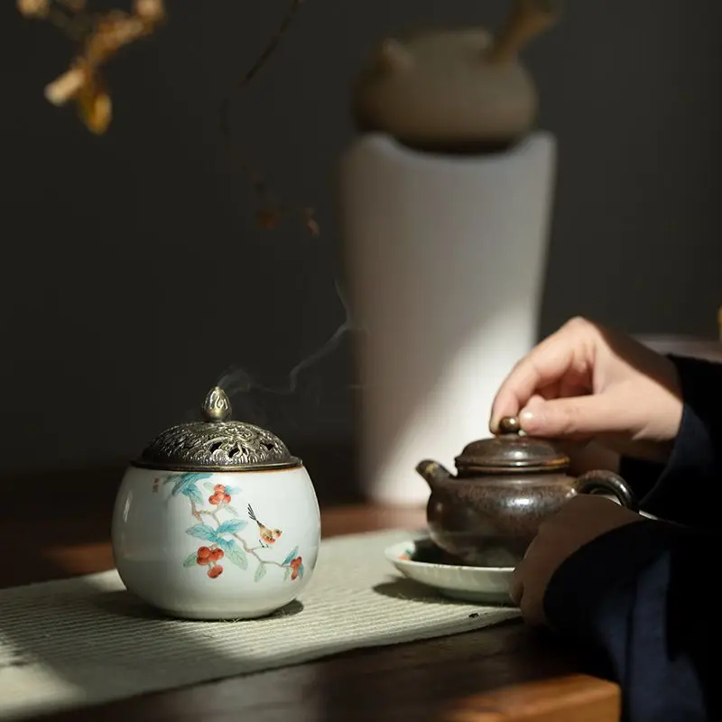 Ru kiln hollowed out ancient style small incense burner covered indoor office calming the nerves and offering Buddha ceramics