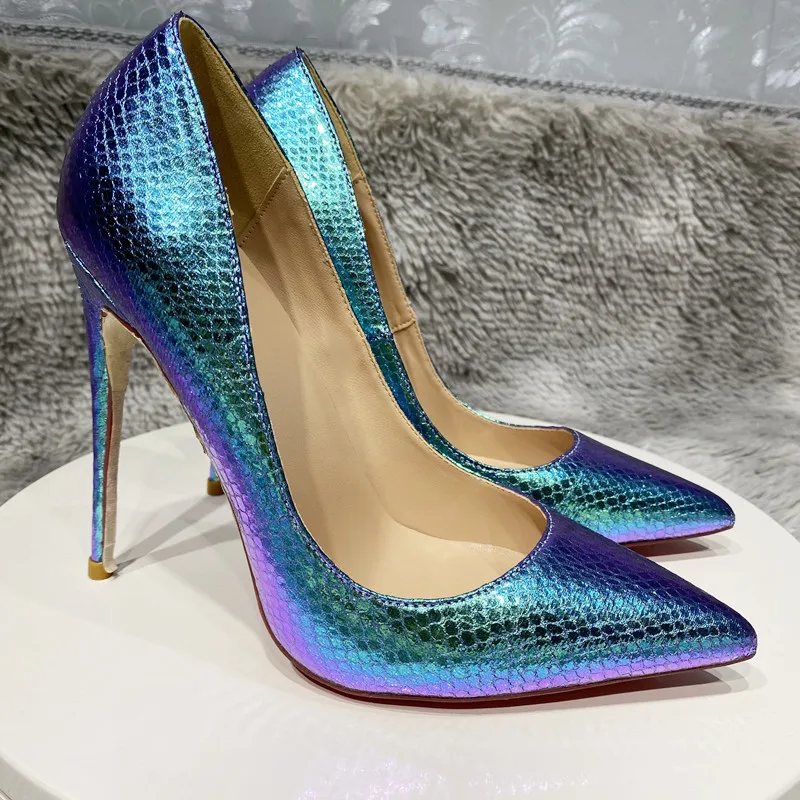 Veowalk Shiny Blue Snakeskin Pattern Women Sexy Pointed Toe Slip On Stiletto Pumps Sparkly Party Night Club High Heel Shoes