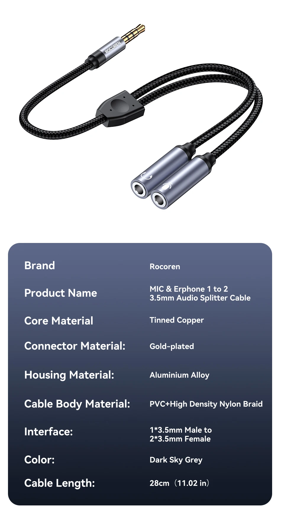 Rocoren 3,5-mm-Buchse Aux-Audio-Splitter-Kabel 2-Wege-Aux-Stecker auf doppelte Buchse Kopfhörer-Audio-Adapter für Kopfhörer Telefon Desktop – Detail 18