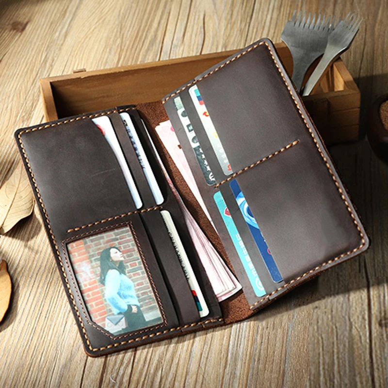 

100% Handmade Vintage Crazy Horse Genuine Leather Wallet Long Men Clutch Wallet Male Purse Bifold Money Bag Money Clips WF219