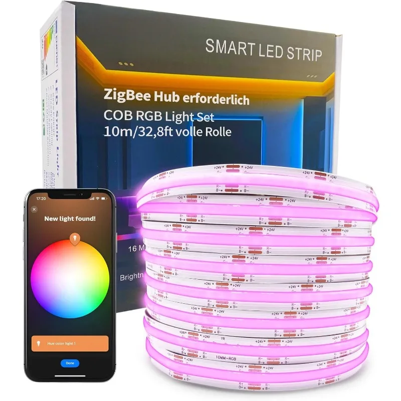 

ZigBee 3.0 LED Strip Light Kit, Smart Home Compatible, Voice Control with Alexa and Assistant (32.8ft ZigBee RGB COB LED