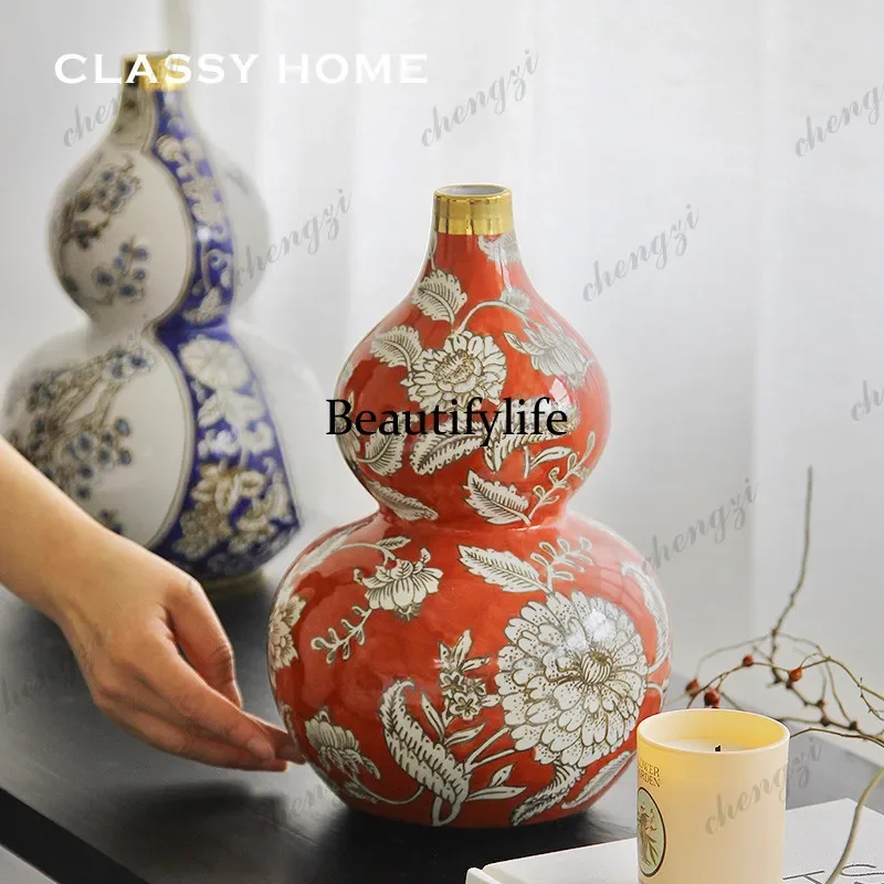 C178 New Chinese style happy twisted flowers hand-painted underglaze ceramic gourd flower utensils, art ornaments for gifts