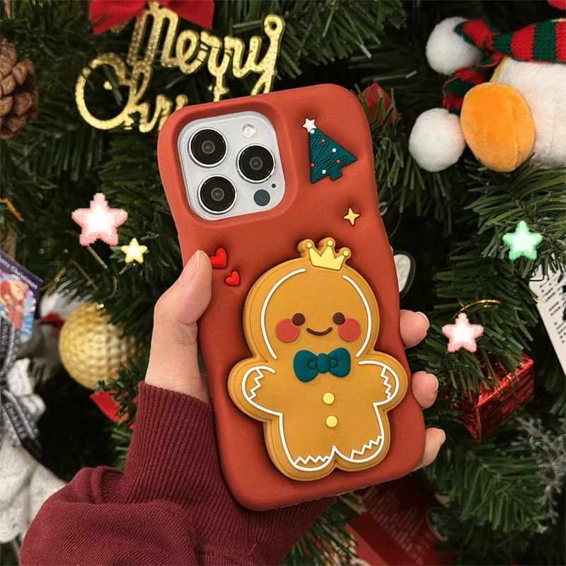 

For iPhone 16 Pro Max Cartoon Christmas Gingerbread Man Fold bracket Silicone Soft Case For iPhone 15 14 Plus 12 13 Pro Max i11