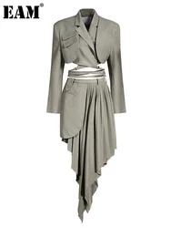 [EAM] Half-body Skirt Gray Pleated Irregular Two Pieces Suit New Lapel Long Sleeve Loose Women Fashion Spring Autumn 2023 1X728