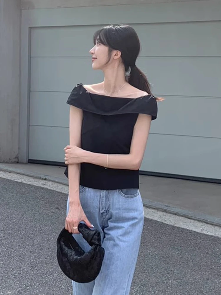 

Chic Summer Sexy Off-oulder Loose Casual Pure Color irt Women's Top Exposing Clavicle Korean Sle ort Sve Blouse