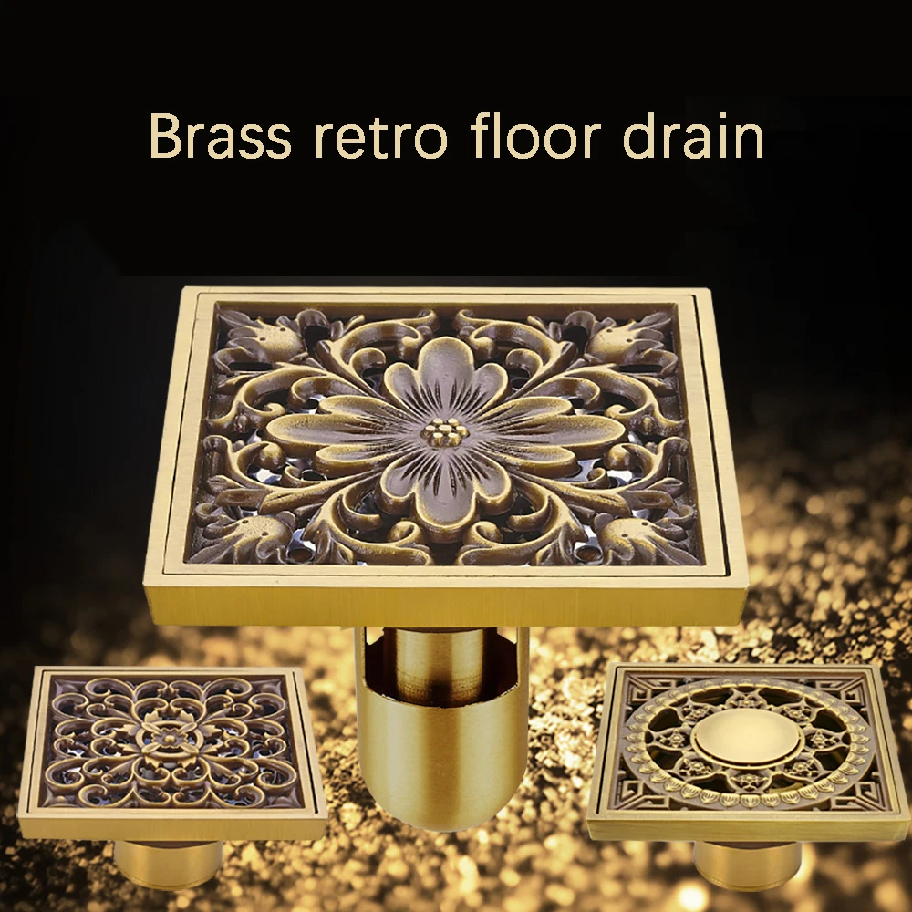 10X10cm European Antique Floor Drain Retro Brass Odor Proof Drain Cover Kitchen Bathroom Shower Drainer Hardware Accessories