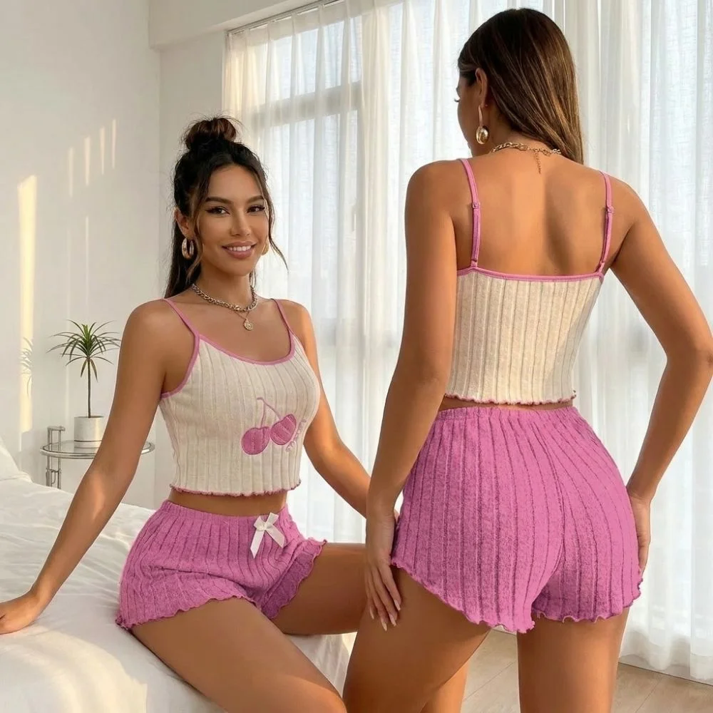 2pcs Casual Women Pajama Set Breathable Cherry Pattern Vest Shorts Set Skin-friendly Fabric Comfortable Loungewear Set Summer
