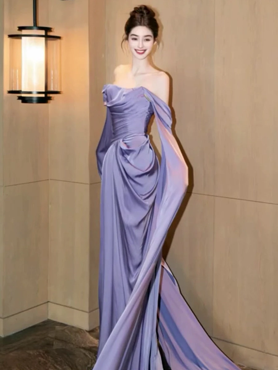 

Purple Satin Bridesmaid Dresses Off the Shoulder Pleated Ruched Silk Backless Strapless Sexy Woman Prom Celebrity Gowns 2024