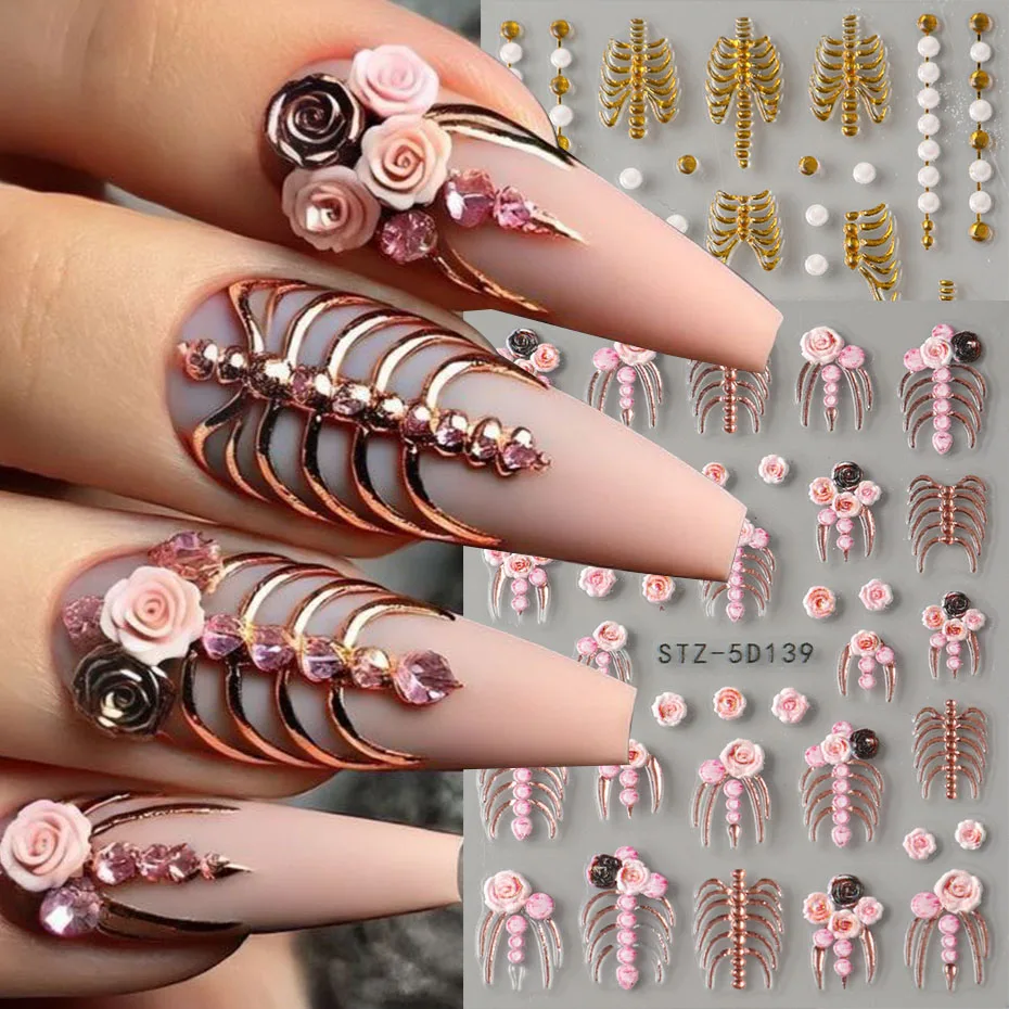 Cage à ruban de crâne d'halloween 5D, décoration de manucure auto-adhésive en relief sur le thème d'halloween avec décalcomanie d'ongle d'os de main Vintage Rose dorée
