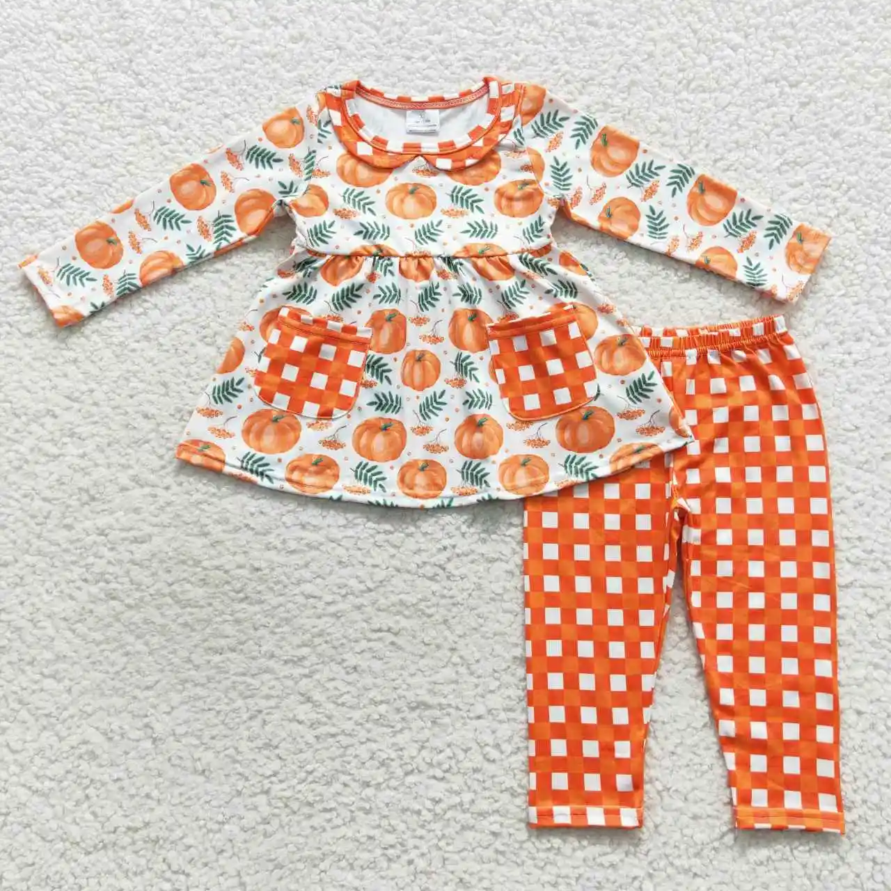 Girls Thanksgiving Day Set Wholesale Baby Toddler Girls Costume Pumpkin Orange Plaid Collar Pocket Long Sleeve Pants Set