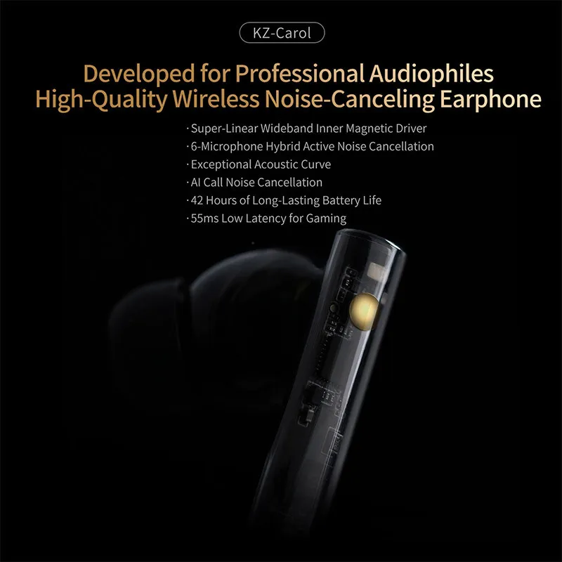 KZ Carol ANC Bluetooth Earphones True Wireless Sport Headphones Active Noise Cancelling AI HiFi Bass TWS Earbuds Gaming Headset