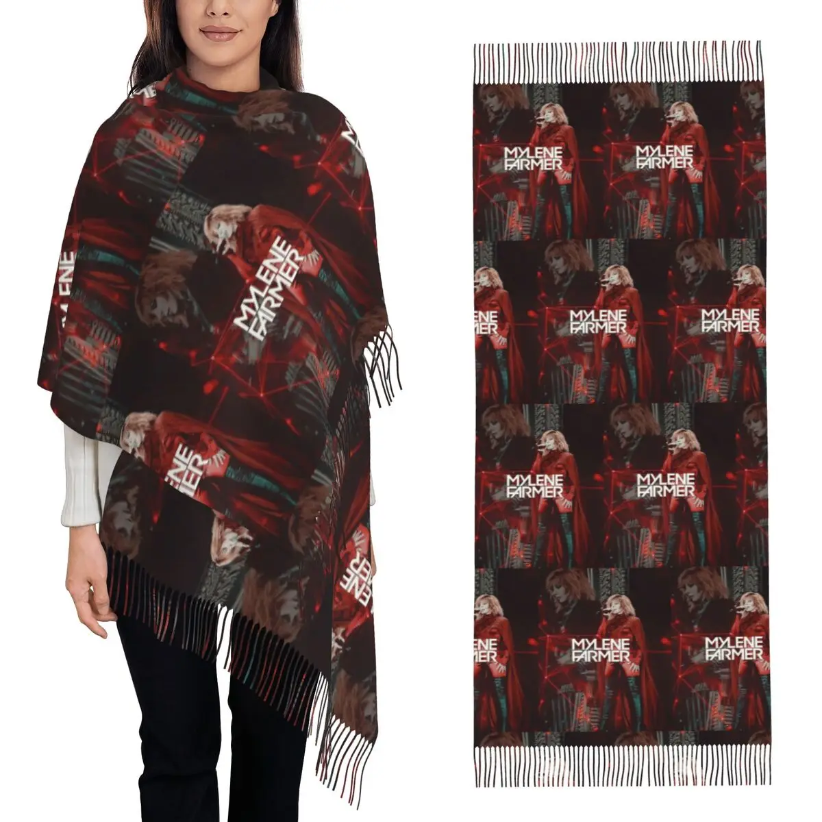 

Mylene Farmer Jeanne Gautier, модный шарф для певицы, шарфы с кисточками для женщин, теплые шали и накидки, длинная осенне-зимняя шаль