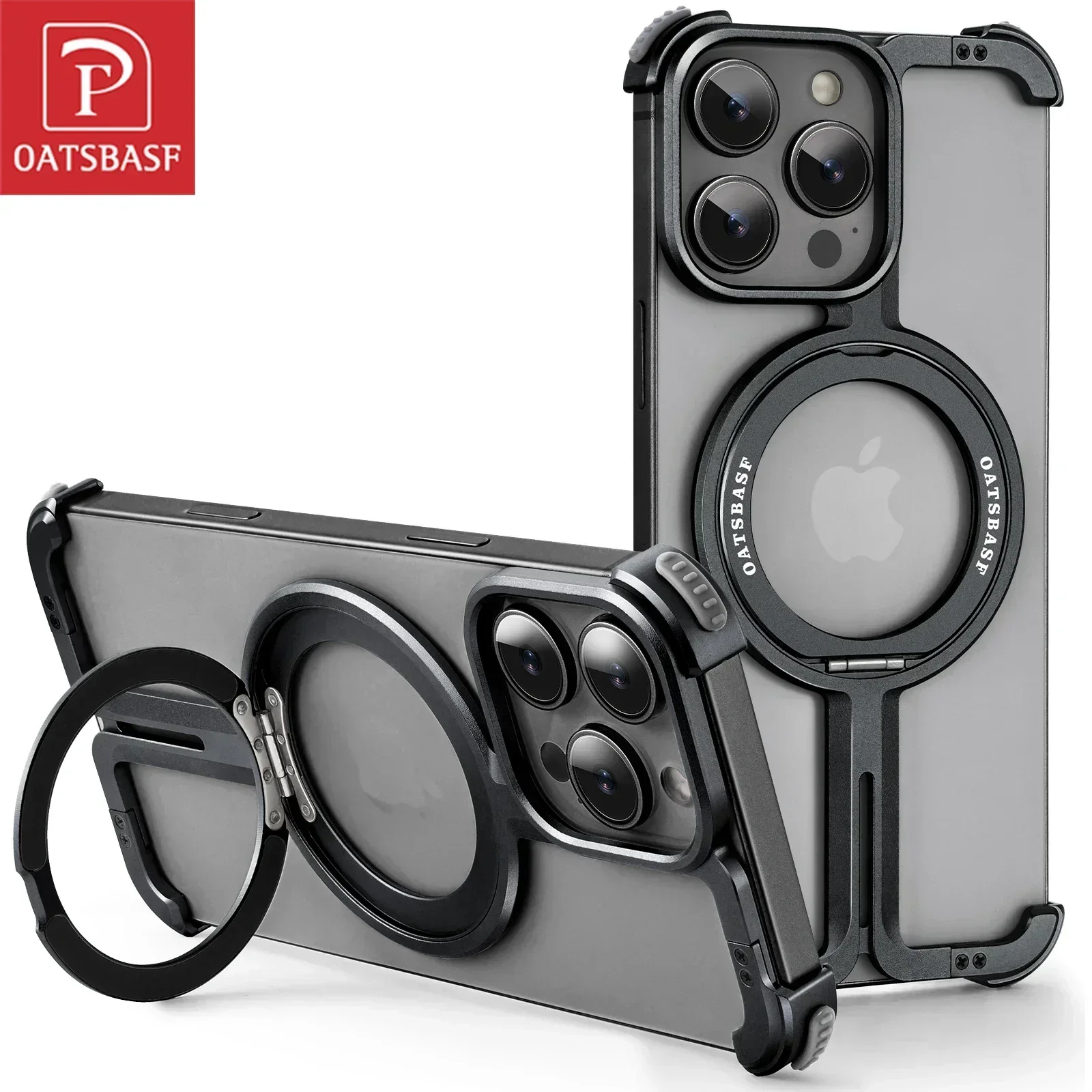 

Oatsbasf Bazel-Less Phone Case for iPhone 16/15/14/13 Pro Max Magnetic Phone Cover w/ Magsafe Kickstand Metal Shockproof Cover