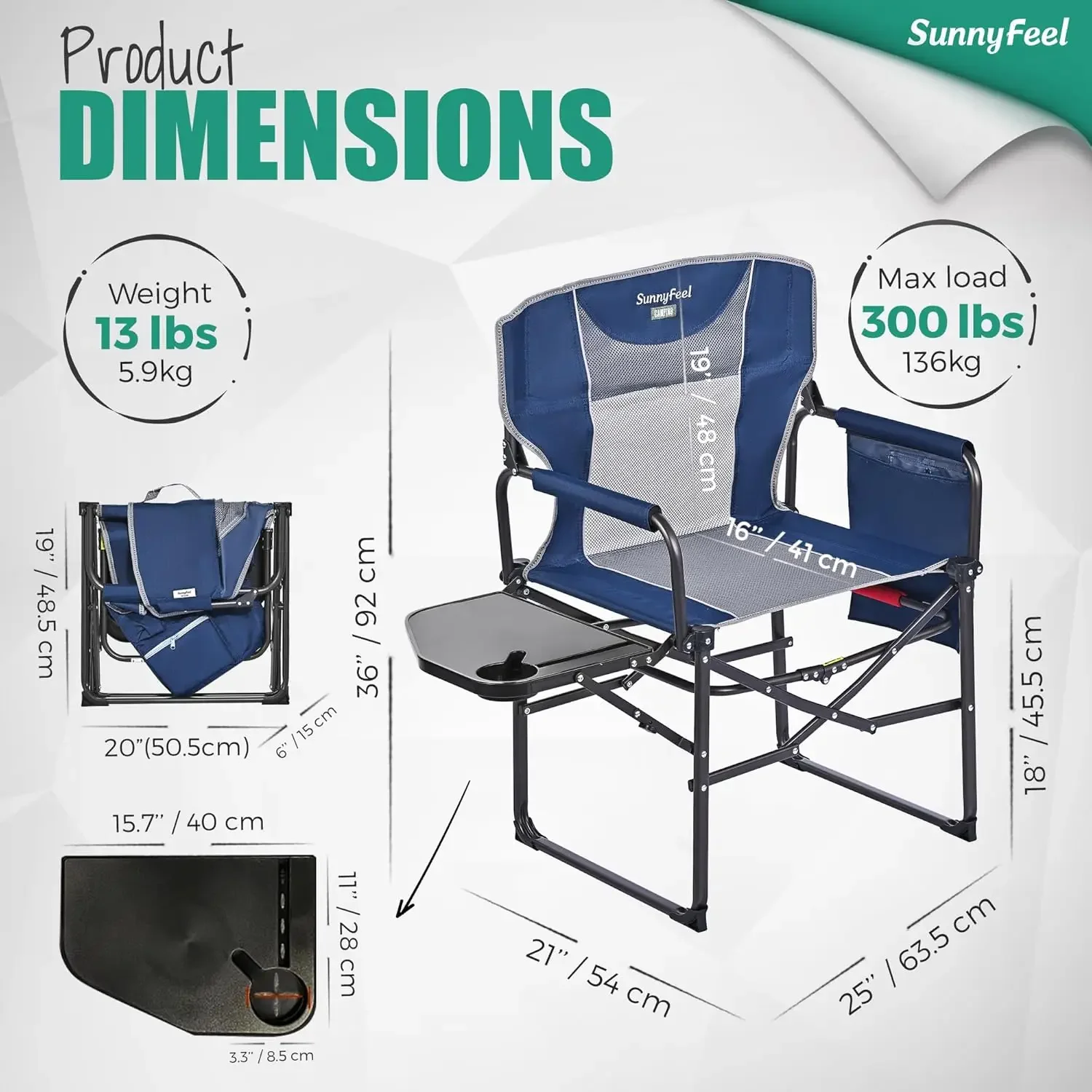 Camping Directors Chair, Heavy Duty,Oversized Portable Folding Chair with Side Table, Pocket for Beach, Fishing,Trip